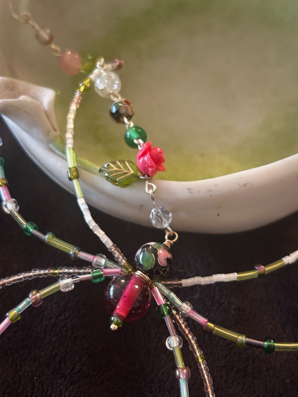 Handcrafted Floral Bead Spider Sun Catcher. Pinks and Greens.